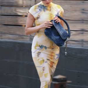 Elegant Stand Collar Printing Short Sleeve Straight Bodycon Midi Dresses - Image 3