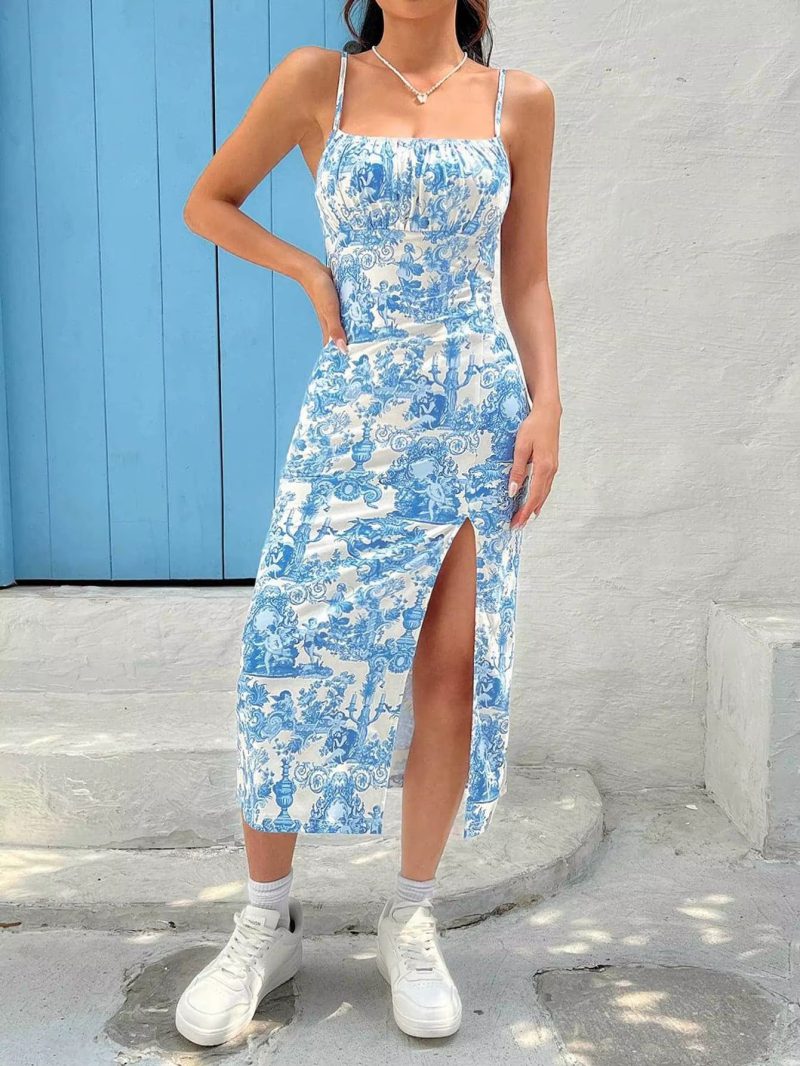 Elegant Strapless Floral Spaghetti Strap Vintage Long Midi Dresses - Image 6