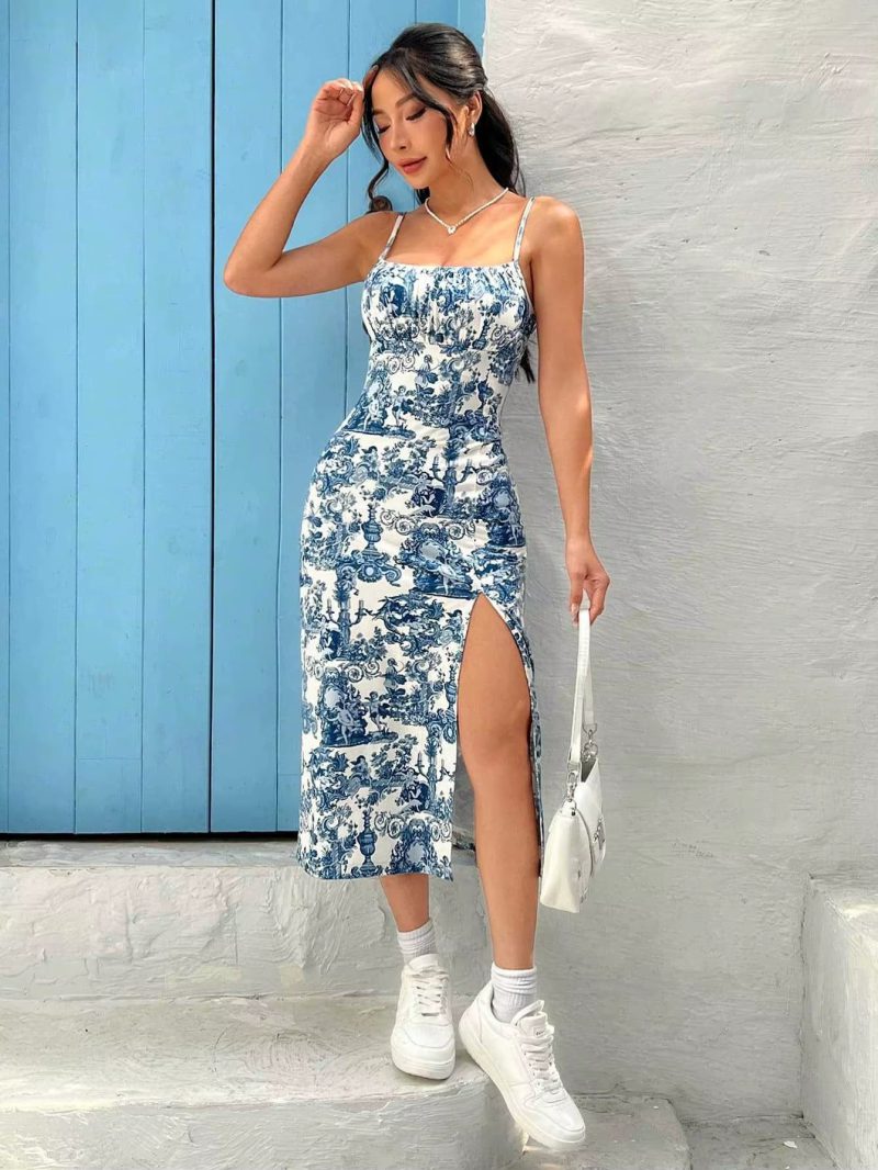 Elegant Strapless Floral Spaghetti Strap Vintage Long Midi Dresses