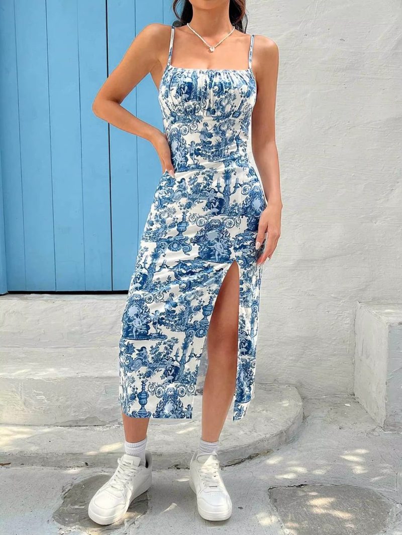 Elegant Strapless Floral Spaghetti Strap Vintage Long Midi Dresses - Image 3