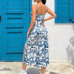 Elegant Strapless Floral Spaghetti Strap Vintage Long Midi Dresses - Image 11