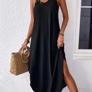 Elegant V-Neck Sleeveless Spaghetti Strap Loose Maxi Dress - Image 3
