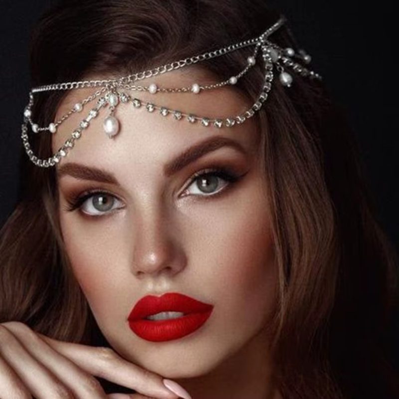 Full Rhinestone Pearls Tassel Crystal Multilayer Head Chain - Image 2