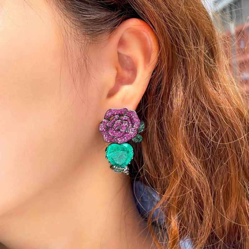Luxury Cubic Zirconia Long Big Flower Heart Wedding Bridal Party Dangle Earrings