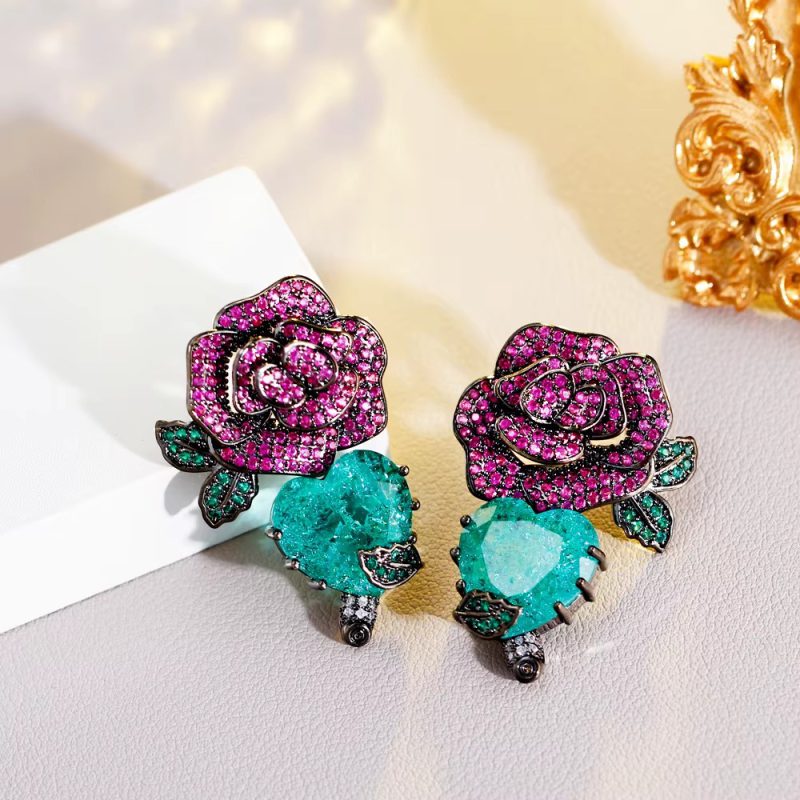 Luxury Cubic Zirconia Long Big Flower Heart Wedding Bridal Party Dangle Earrings - Image 2