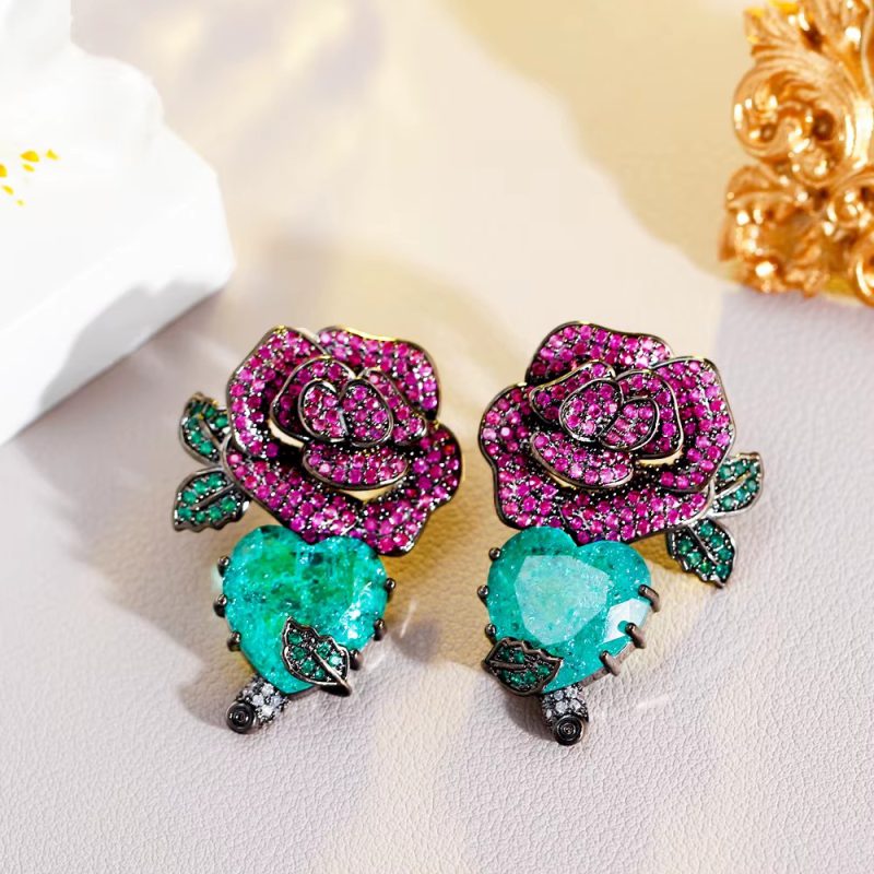 Luxury Cubic Zirconia Long Big Flower Heart Wedding Bridal Party Dangle Earrings - Image 4