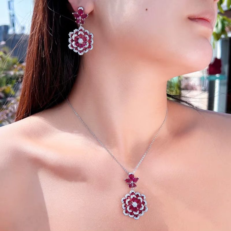 Luxury Zirconia Long Big Flower Pendant Necklace and Earrings Bridal Wedding Jewelry Set - Image 2