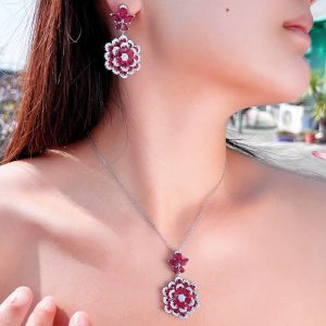 Luxury Zirconia Long Big Flower Pendant Necklace and Earrings Bridal Wedding Jewelry Set