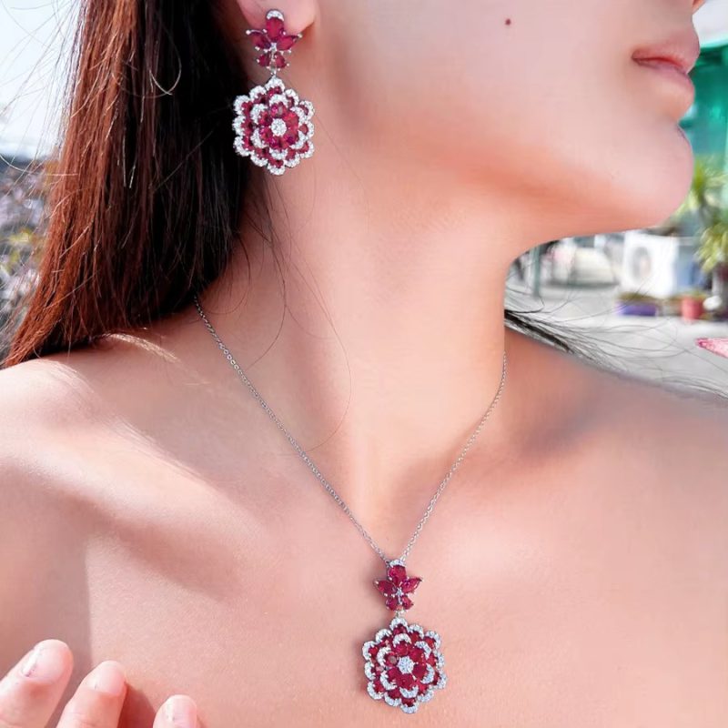Luxury Zirconia Long Big Flower Pendant Necklace and Earrings Bridal Wedding Jewelry Set