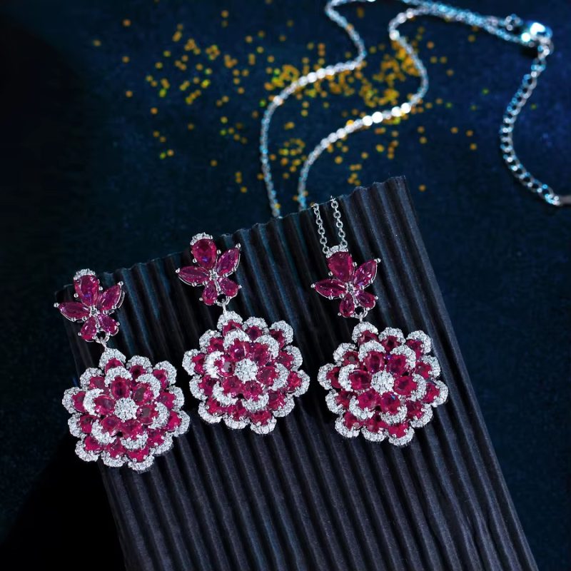 Luxury Zirconia Long Big Flower Pendant Necklace and Earrings Bridal Wedding Jewelry Set - Image 3