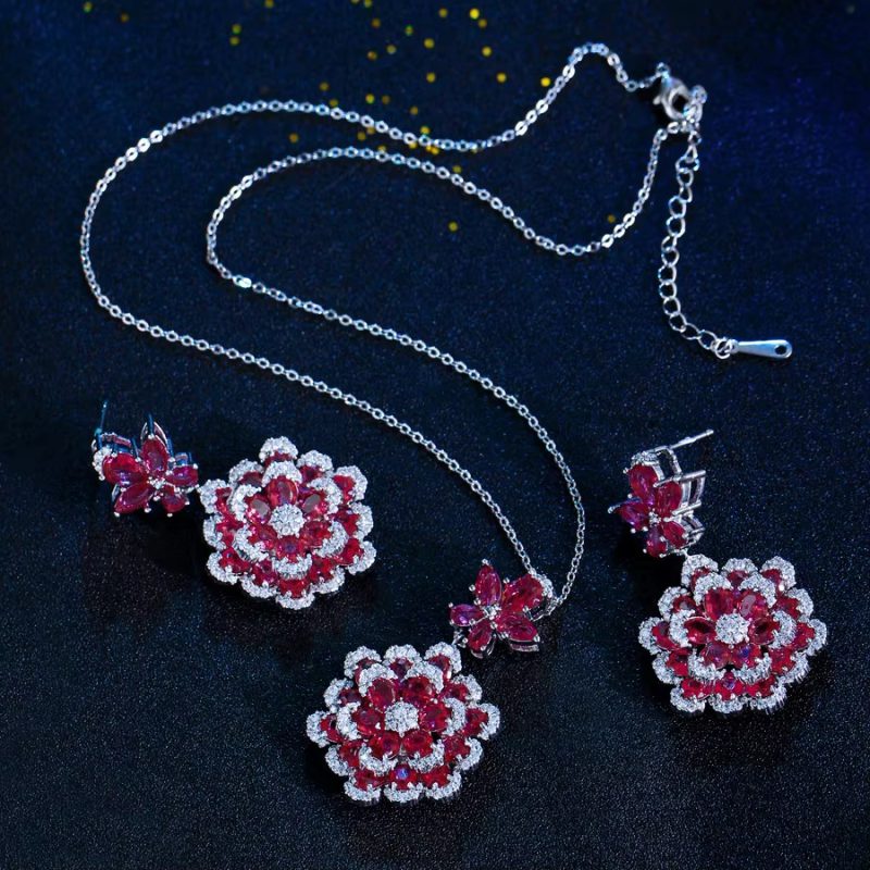 Luxury Zirconia Long Big Flower Pendant Necklace and Earrings Bridal Wedding Jewelry Set - Image 4