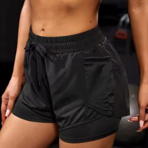 Trendy Knitted With Pockets Elastic Two-Piece Yoga Sports Shorts - Image 4