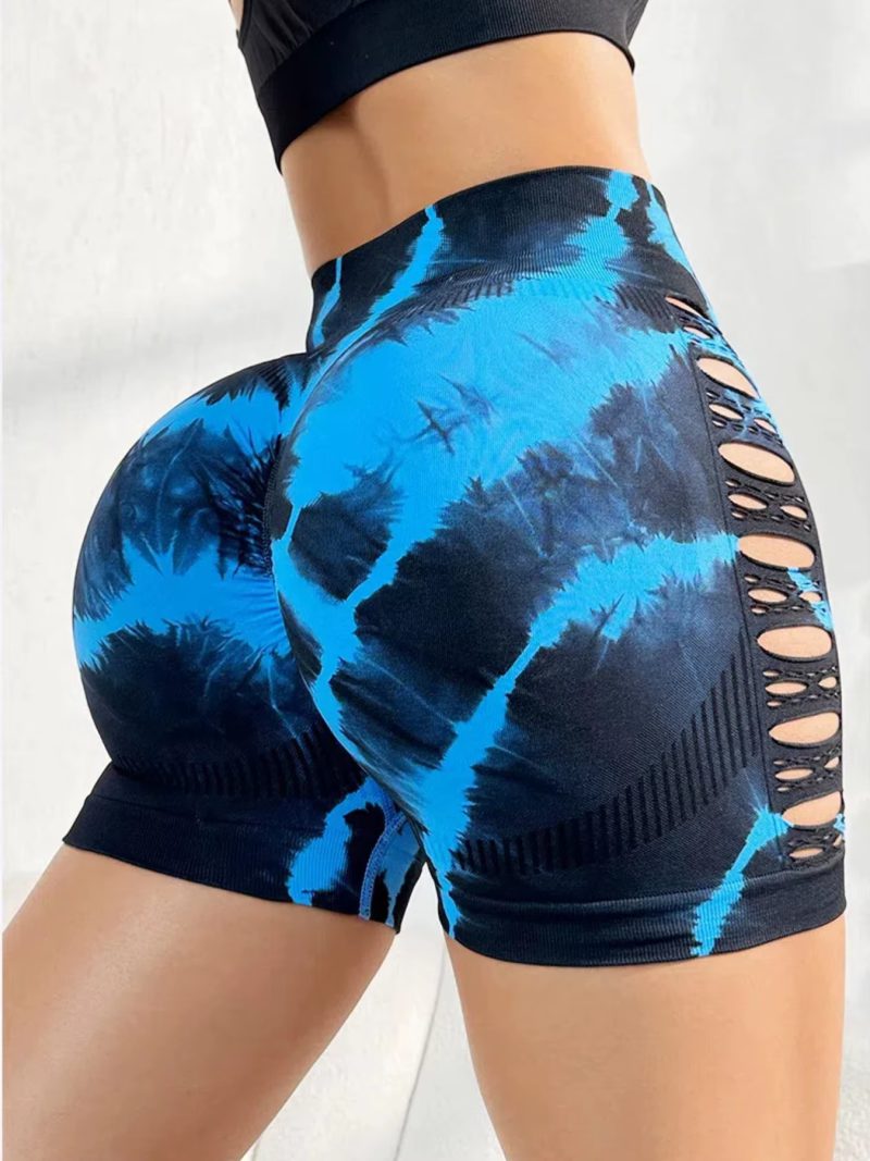 Trendy Tie Dye Seamless Hollow Out High Waist Yoga Shorts - Image 5