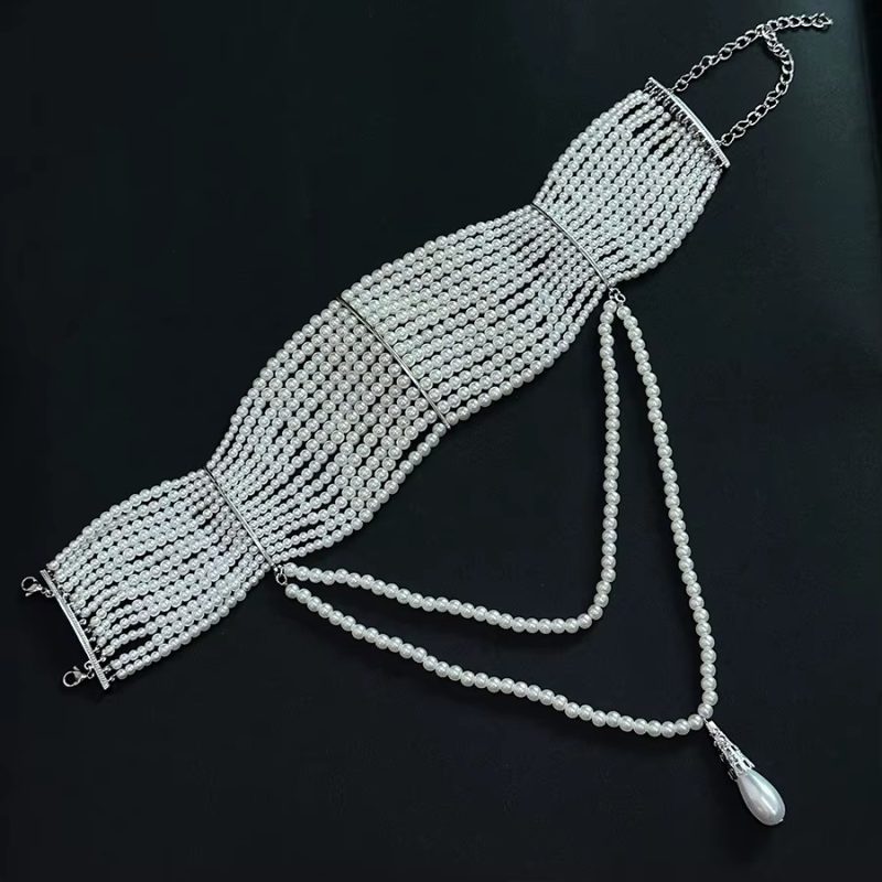 Vintage Multi-layer Pearl Tassels Choker Collar Chain Necklace - Image 4