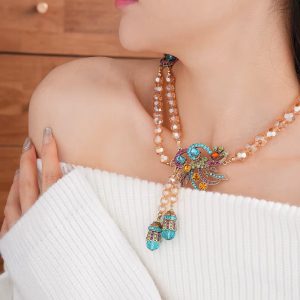 Vintage Peacock Flower Earrings Light Luxury Necklace Jewelry Set - Image 2