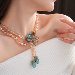 Vintage Peacock Flower Earrings Light Luxury Necklace Jewelry Set - Image 3