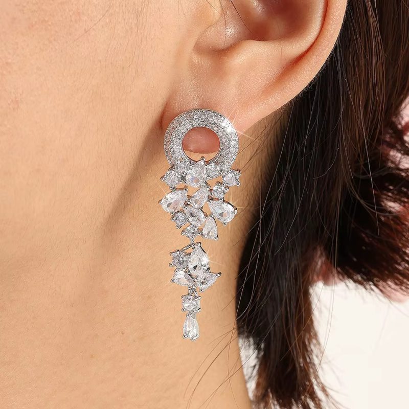 Vintage Sparkling Zircon Flower Luxury Crystal Bridal Long Earring - Image 3