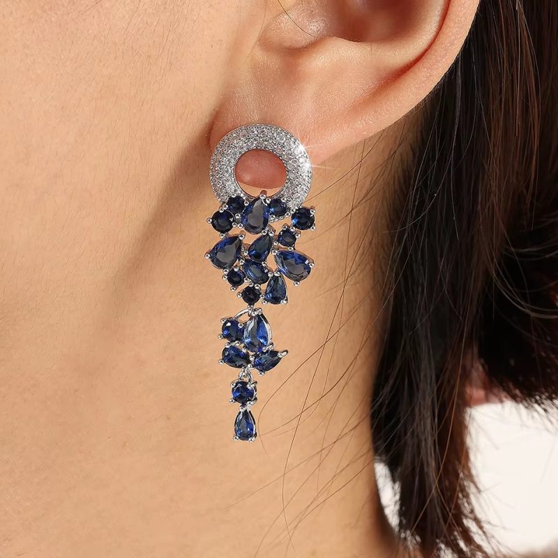 Vintage Sparkling Zircon Flower Luxury Crystal Bridal Long Earring