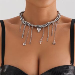 Vintage Star Love Heart Tassel Link Multilayer Pendant Choker Necklace