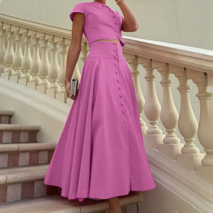 Casual Short Sleeve Crop Top With High Waist Long Skirt Two Pieces Set