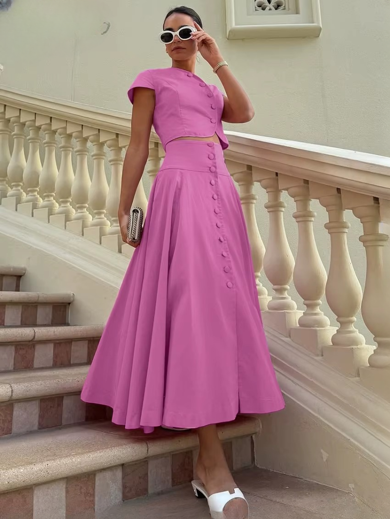 Casual Short Sleeve Crop Top With High Waist Long Skirt Two Pieces Set
