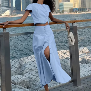 Casual Short Sleeve Crop Top With High Waist Long Skirt Two Pieces Set - Image 4