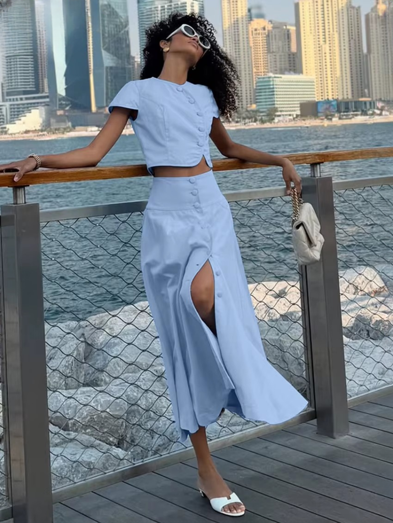 Casual Short Sleeve Crop Top With High Waist Long Skirt Two Pieces Set - Image 4