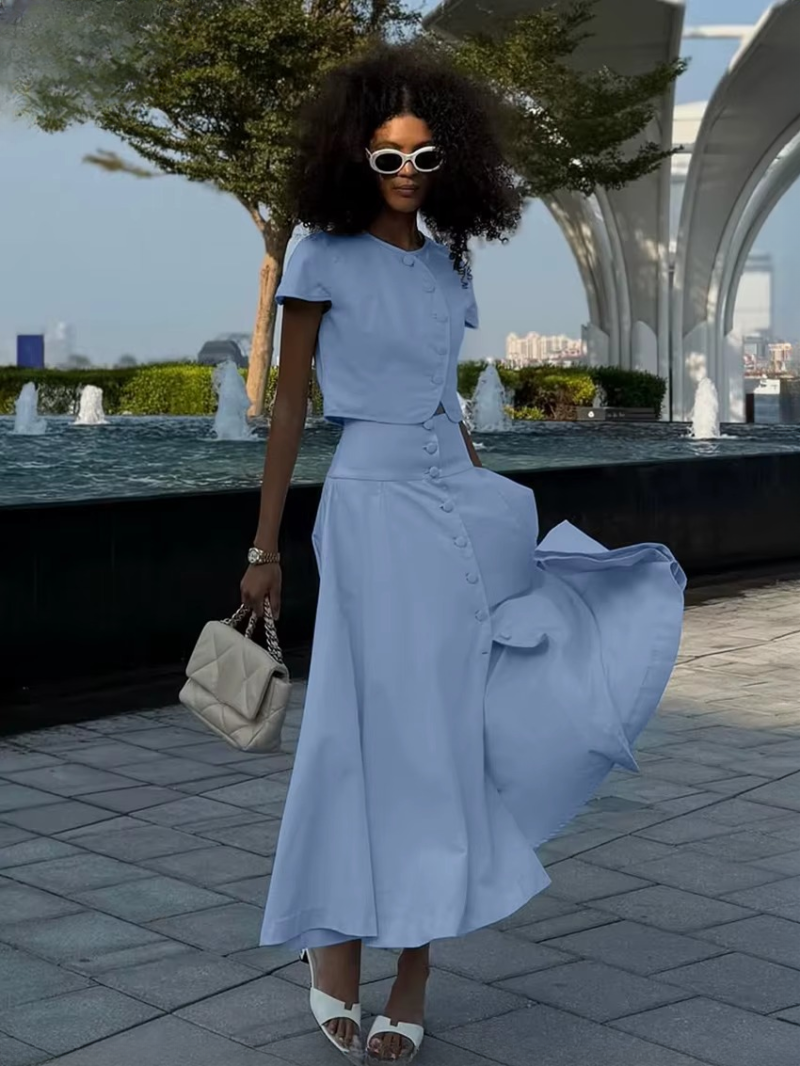 Casual Short Sleeve Crop Top With High Waist Long Skirt Two Pieces Set - Image 5