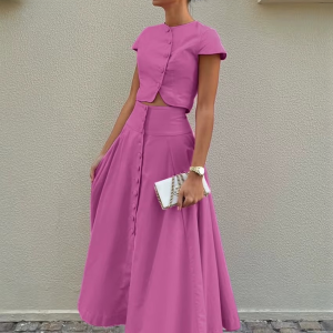 Casual Short Sleeve Crop Top With High Waist Long Skirt Two Pieces Set - Image 2