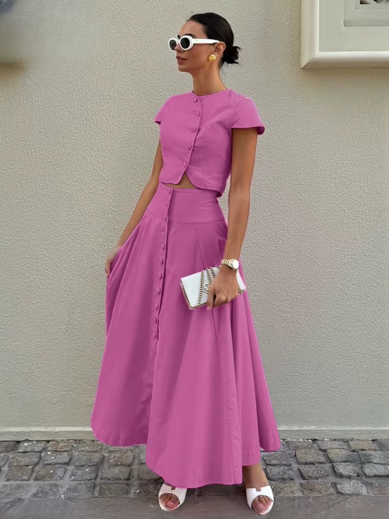 Casual Short Sleeve Crop Top With High Waist Long Skirt Two Pieces Set - Image 2