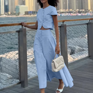 Casual Short Sleeve Crop Top With High Waist Long Skirt Two Pieces Set - Image 6