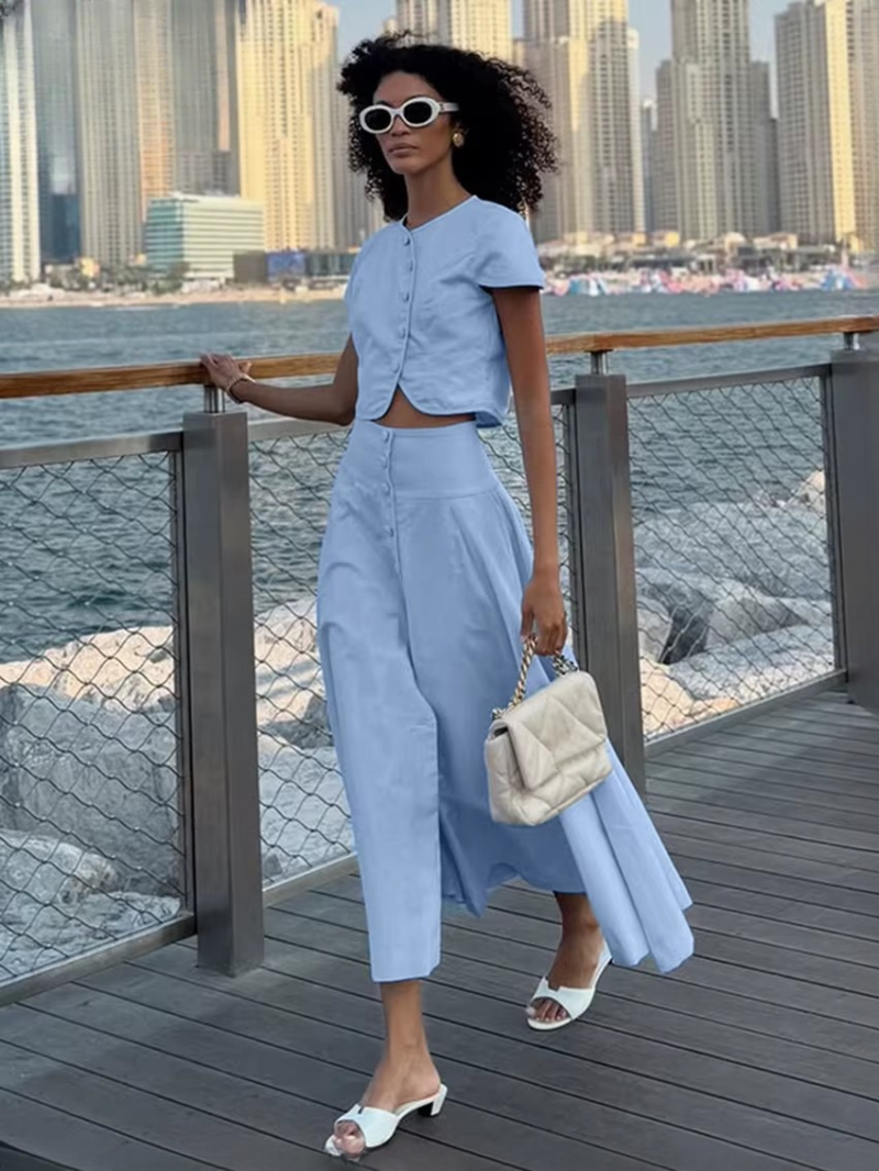 Casual Short Sleeve Crop Top With High Waist Long Skirt Two Pieces Set - Image 6