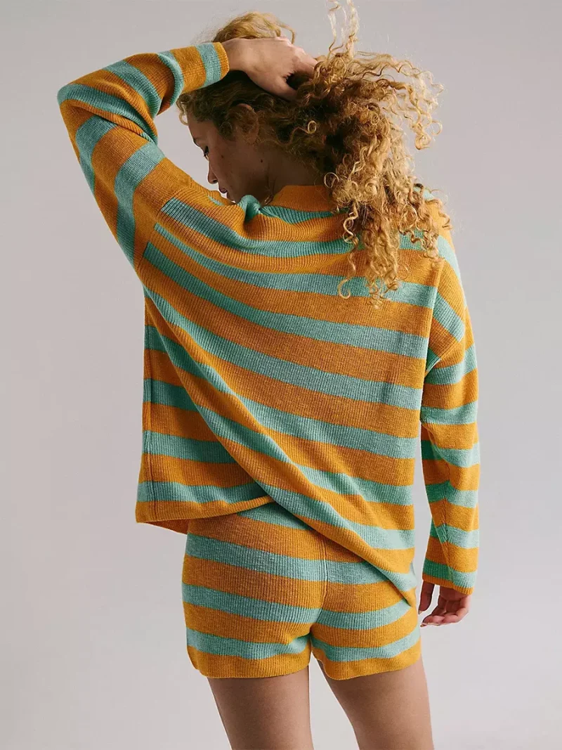 Casual Long Sleeves Pullover And Shorts Striped Knit Two Piece Set - Image 8