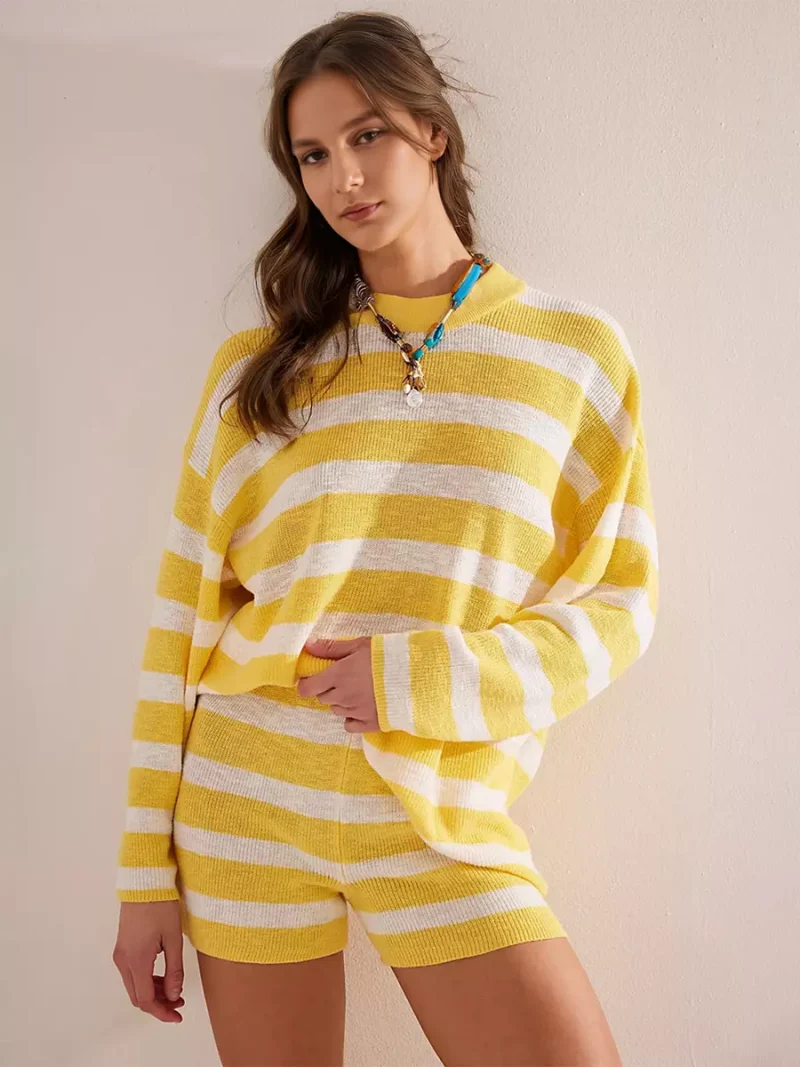 Casual Long Sleeves Pullover And Shorts Striped Knit Two Piece Set - Image 17