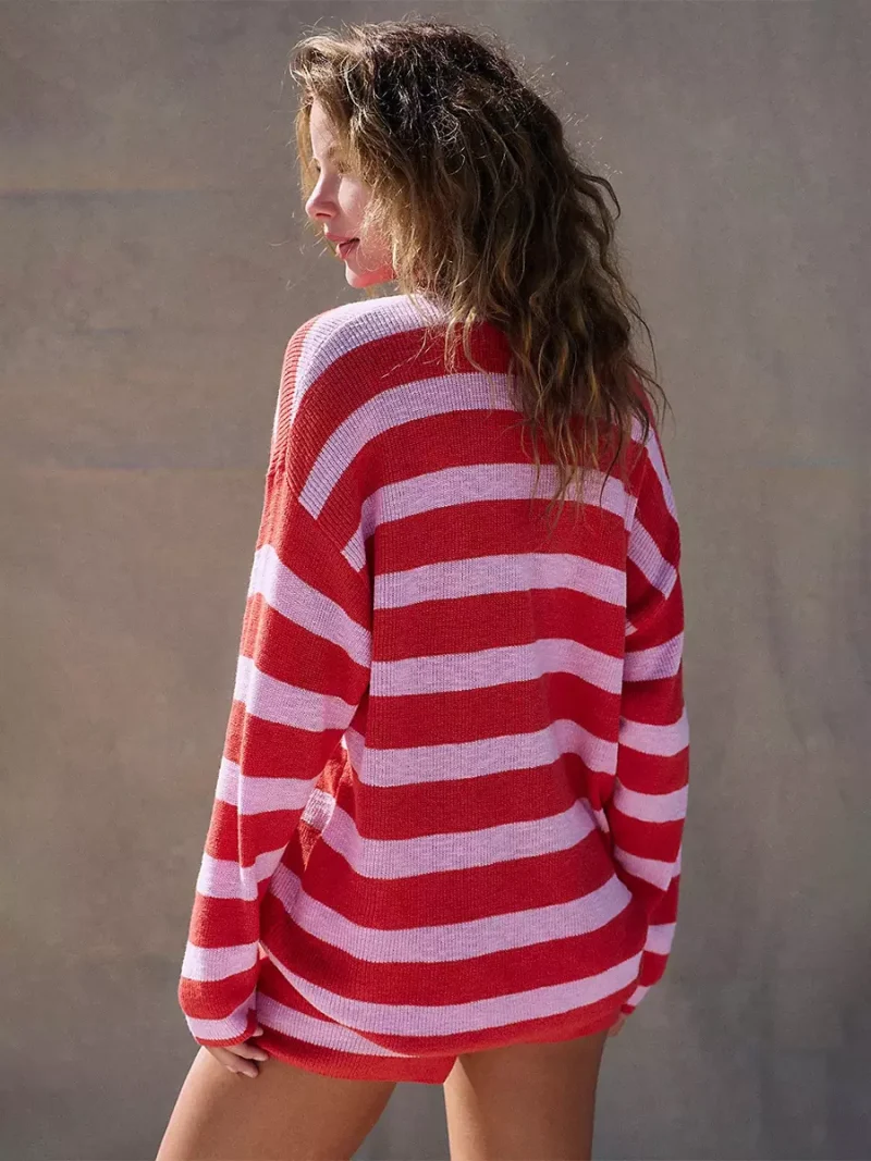 Casual Long Sleeves Pullover And Shorts Striped Knit Two Piece Set - Image 12