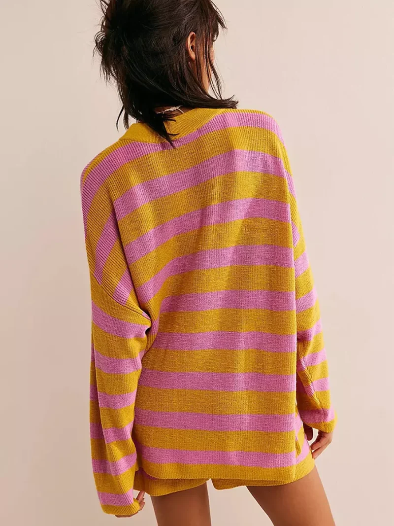 Casual Long Sleeves Pullover And Shorts Striped Knit Two Piece Set - Image 14