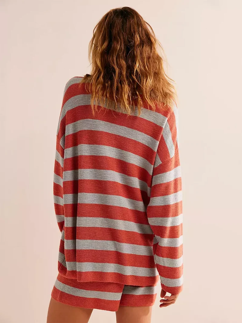 Casual Long Sleeves Pullover And Shorts Striped Knit Two Piece Set - Image 16
