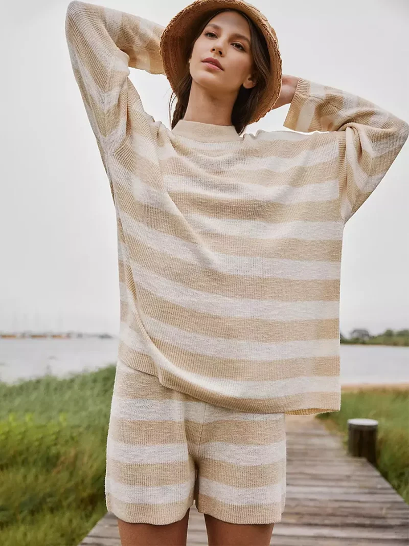 Casual Long Sleeves Pullover And Shorts Striped Knit Two Piece Set