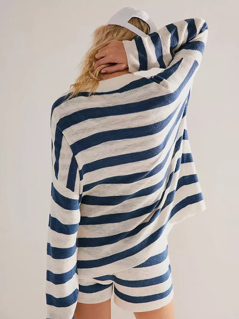Casual Long Sleeves Pullover And Shorts Striped Knit Two Piece Set - Image 4