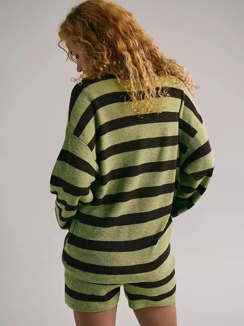 Casual Long Sleeves Pullover And Shorts Striped Knit Two Piece Set - Image 6