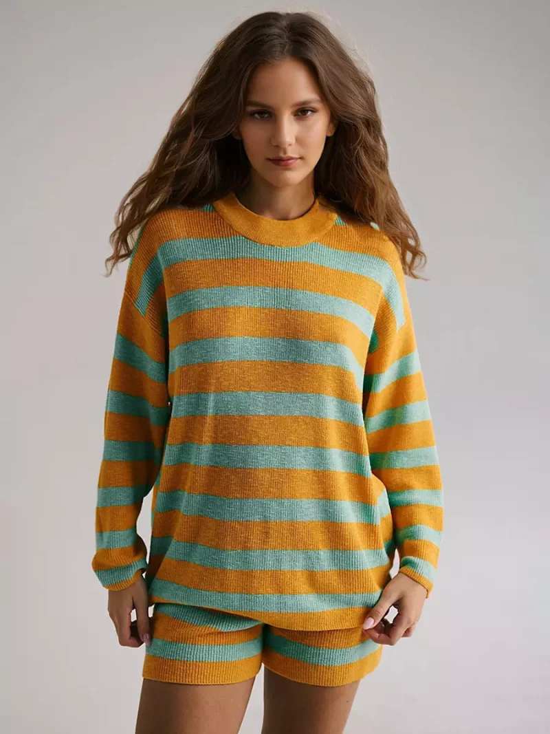 Casual Long Sleeves Pullover And Shorts Striped Knit Two Piece Set - Image 7