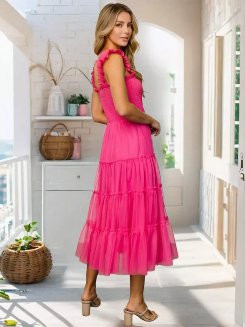 Casual Square Neck Sleeveless Ruffled With Layered Hem Tulle Midi Dress - Image 4