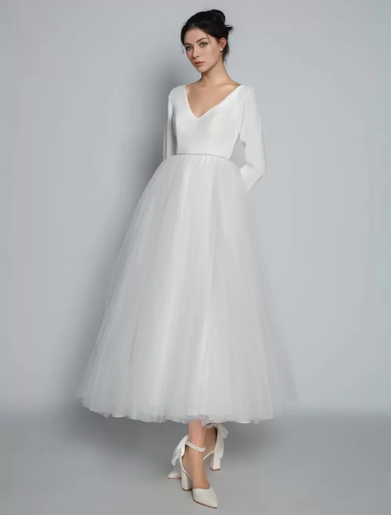 Elegant V-Neck Long Sleeves A-Line Tea-Length Bridal Dresses - Image 4