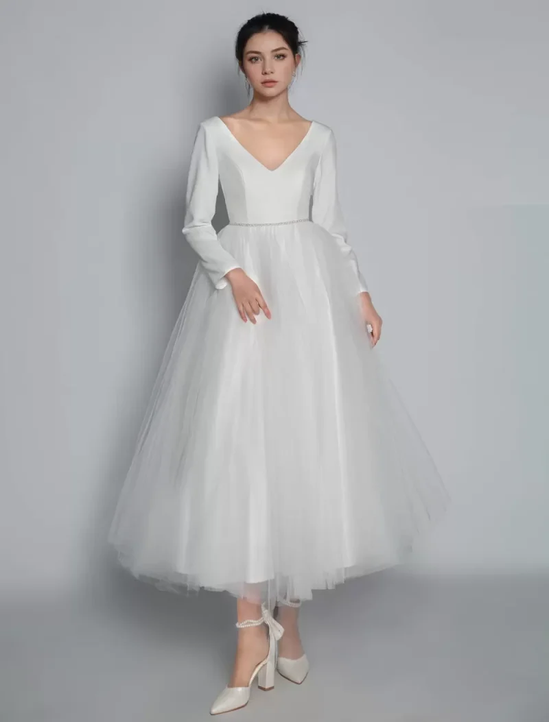 Elegant V-Neck Long Sleeves A-Line Tea-Length Bridal Dresses - Image 5